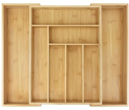 Bowose Besteckkasten für Schubladen Bambus erweiterbar von 32 x 43cm bis 52 x 43cm, 5cm Tiefe, wasserdicht Utensilienhalter 6 bis 8 separate Slots für Küche, Schlafzimmer, Büro