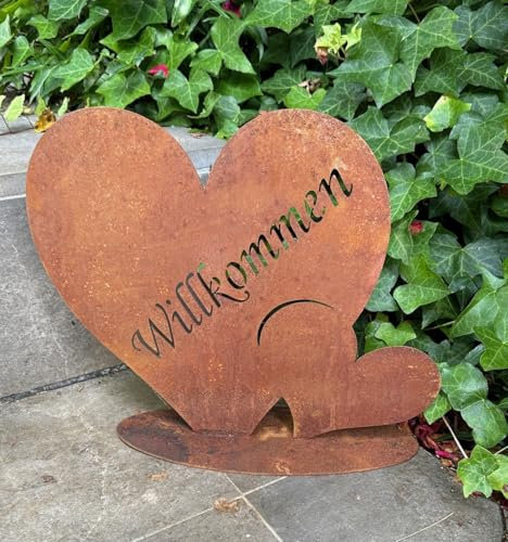 Radami Edelrost Herz - Willkommen - Schild Gartenstecker Metall Gartenfigur, Metall Figur Gartendekoration schwere Ausführung (Herz1kg)