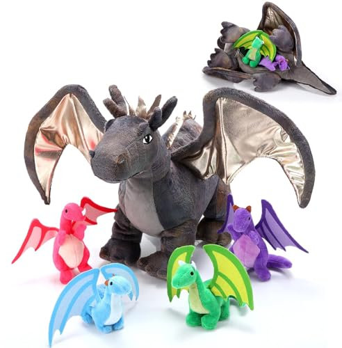 Zomiboo 5 Stück Drachen Plüschtiere Drache Kuscheltier mit Babys im Bauch mit Reißverschluss 40 cm Riesiger Plüsch Drache mit 4 Kleinen Drachen Stofftieren für Kindergeburtstag Kindertag Geschenk