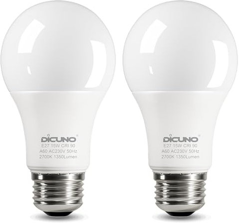 DiCUNO E27 Screw LED Bulb 15W, Warm White 2700K, 100 Watts Halogen Equivalent, Large Screw in Light Bulb, 1350LM, Non-Dimmable, ES High CRI 90 Lightbulbs for Lamp, 2 Pcs