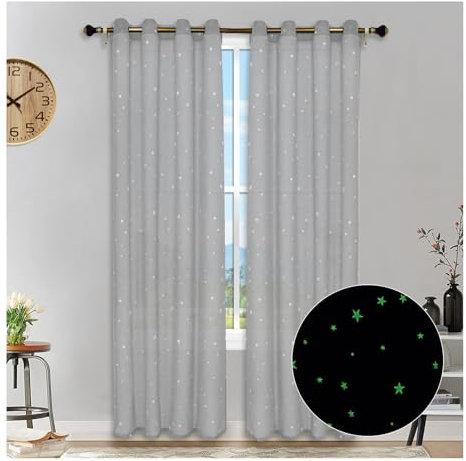 HonunGron 2 Stück Sterne Vorhang Verdunklungsvorhänge, Im Dunkeln leuchtende Sternvorhänge, Halbtransparent Sterne Vorhänge mit Ösen für Kinderzimmer Wohnzimmer Schlafzimmer (Grau,243 X 132cm H x B)