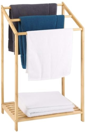 OUYUE Porte Serviette Salle De Bain sur Pied Porte-Serviettes en Bambou À 3 Niveaux pour Salle De Bain, Porte-Serviettes De Plage Autoportant avec Étagère De Rangement