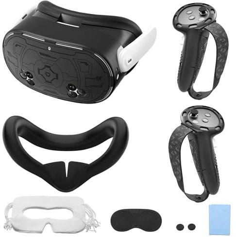 TiMOVO VR zubehör Set für Meta Quest 3S, 6 in 1 Controller Griffe Abdeckung, VR Shell Abdeckung, Gesichtsabdeckung, schützende Linsenabdeckung, Daumenklemmen×2, 10 Einweg-Augenabdeckungen, Schwarz