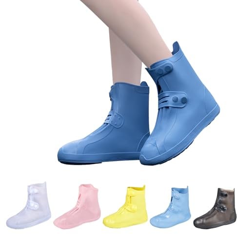 Dream Apparel Waterproof Rain Shoe Covers for Women Men, Non-Slip Reusable Foldable Boot Covers Rainproof Overshoes Over Shoes Galoshes (Blue, Size 2XL)