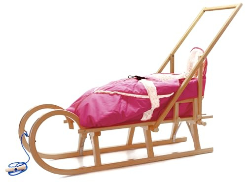 HolzFee Schlitten Baby mit Fußsack Hörnerschlitten Kinderschlitten Holzschlitten Baran Baby 120 mit Lehne Schieber Alaska mit Farbauswahl (Rosa)