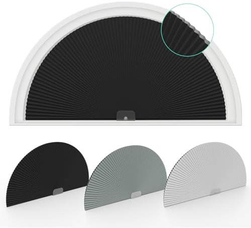 Changshade Bogen-Fensterschutz, Verdunkelung, Halbmond (Radius: 61 cm), verdunkelnd, plissiert, halbkreisförmig, ohne Bohren, leicht zu schneiden und zu installieren