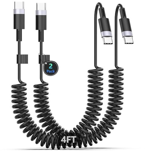 Cable USB C en espiral [paquete de 2], cable tipo C para coche USB C a USB-C cable de carga rápida 3A para iPhone 16 15 Samsung Galaxy S24 S23 S22 S21 S20 S10 S9 S8 Plus Note 10 9 8, Google Pixel,