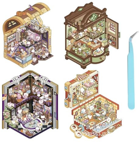 Cosmeria 4 Sätze DIY 3D Hausaufkleber Set Typ D, 3D Sticker Scene, Kreativer Stressabbau Für Kinder, Erwachsene, Sticker Therapy, Kreative Szene Spaß Stacking