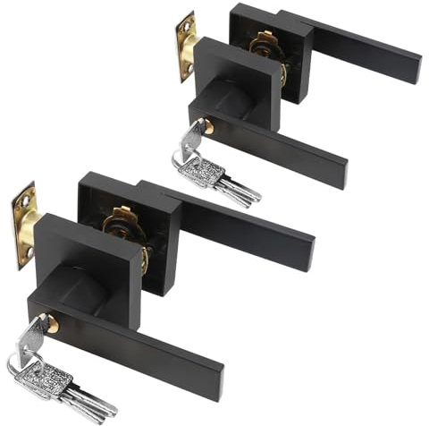 Petyoung 2 Pack Door Handle Set with Lock and Key, Bathroom Door Handle Internal Door Handles, Thumb Turn & Release Set, Matt Black Door Lever Handle Lock for Bedroom, Bathroom, Office