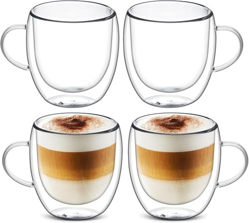 4-Pack 250ml Double Wall Insulated Glass Coffee Mugs - Thermal Coffee Cups with Handle for Cappuccino/Latte/Americano, BPA-Free Clear Drinking Glasses for Hot Drinks, Tea, Milk, Juice & Ice Cream