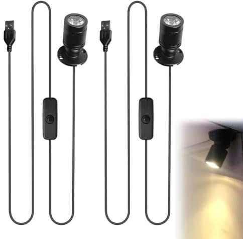 Kayuneed 2er-Pack Mini LED Spotlicht, 5V 3W USB Dimmbar LED-Strahler, 360° Schwenkbar Aluminium Spotlight, Akzentlichter für Schrank, Flur, Galerien, Schmuckvitrinen(Warmweiß 3000K)