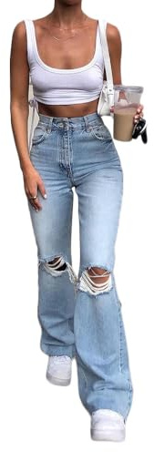 YOUCAI Pantaloni Eleganti Push Up Donna Pantaloni Jeans a Zampa d’Elefante Strappati Casual Jeans Boyfriend