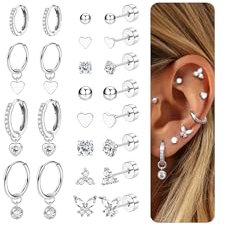 CASSIECA 15 Pairs Earrings for Women, 316L Surgical Steel Flat Back Earrings Silver Hoop Huggie Stud Earring Hypoallergenic Tragus Piercing Jewellery Helix Cartilage Earring for Multiple Piercings