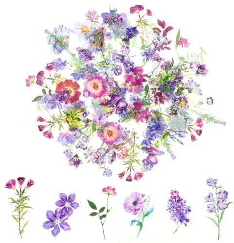 100 Pcs Beautiful Flower Stickers Self-Adhesive Flower Stickers for Crafts Transparent Journaling Sticker 50 Patterns Floral Sticker for DIY Mobile Case Wardrobe Bottle Laptop Album Scrapbook Card