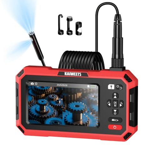 Endoscopio con Doppia Lente, KAIWEETS Telecamera Endoscopica 1920P HD con Schermo IPS da 5, Sonda Impermeabile da 8 mm, Cavo Semirigido da 5 m Rimovibile, Batteria 4000 mAh per Auto e Tubi