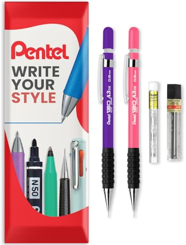 Pentel 120 Series Automatic Mechanical Pencil A315 + 12 HB Refill Leads + Tube of Eraser Refills - In Pillow Packaging (Violet & Pink, 0.5mm)
