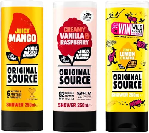 Refreshing Lemon Citrus, Mango, Vanilla & Raspberry Body Wash Bundle – 3 x 250ml Original Source Shower Gel – Natural Vegan Shower Gel for Men and Women | SterlingSquare