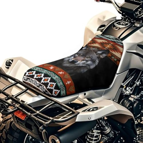 Wanyint ATV-Sitzbezug wasserdicht 64 x 25,4 cm rutschfest universeller Vierrad-Sitzbezug mit elastischem Rand für Yamaha Grizzly 700 & Honda FourTrax, Aztec Wolf Schwarz