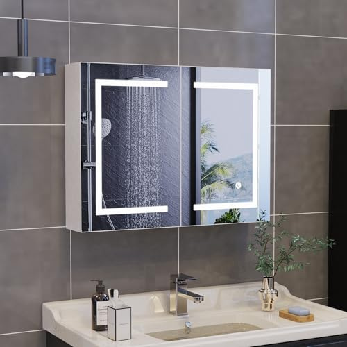 Badrumsskåp med spegel och LED-belysning, spegelspegelskåp 80 x 13,5 x 60 cm med förvaringsutrymme, anti-imma, för badrum, kök eller till och med vardagsrum (dubbeldörr)