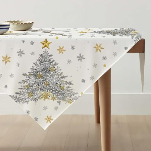 Avalune Tischdecke Weihnachten Mitteldecke Grau Weihnachtsbaum Winter Weihnachts Tischdeko Modern Gold Schneeflocken Tischwäsche Leinenoptik Weihnachtstischdecke für Tisch Party Dekor 85 x 85 cm