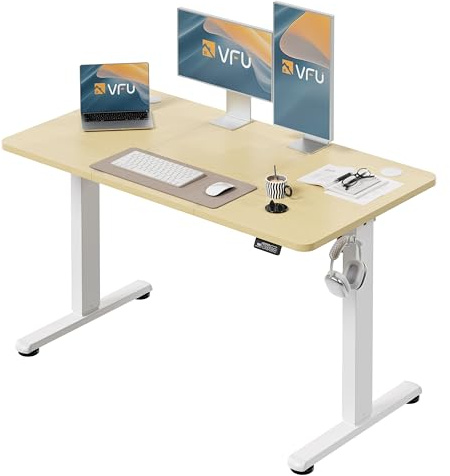 VFU Höhenverstellbarer Schreibtisch 120 x 60 cm, Schreibtisch Höhenverstellbar Elektrisch mit Memory Funktion, Stehpult, Verstellbarer Tisch, Computertisch für Büro, Standing Desk, Beige