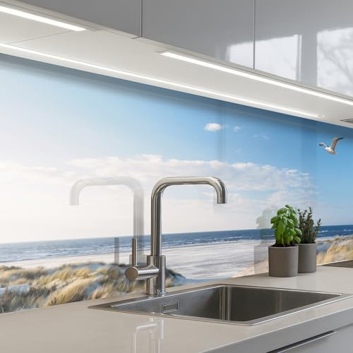 KitchenYeah© Spritzschutz Küchenrückwand Küche Abwaschbar Selbstklebend | 60x200 cm - Küchenwand Küchenfront Küchen Rückenwand Wandschutz Düne - Möwe - Strand - Meer - Sonne