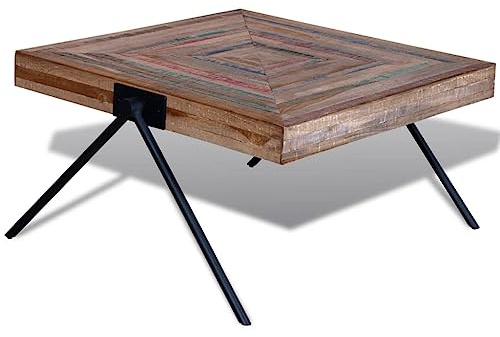 Mandloder Couchtisch mit V-Beinen, Altholz Teak, 80x80x43 cm, handgefertigt, recyceltes Holz, einzigartiges Design für Wohnzimmer, Stabiler Beistelltisch