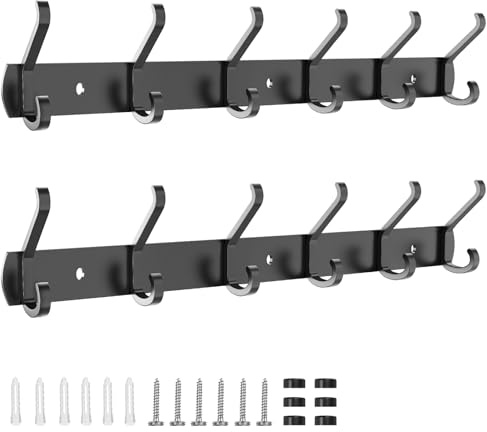 Fiteber 2 Stück Kleiderhaken Wand mit 6 Haken, 54 CM Garderobenhaken Metall | Garderobenleiste Wandgarderobe für Schlafzimmer Bad Küche Hakenleiste Garderobe für Jacken Hüten Handtüchern(Schwarz)