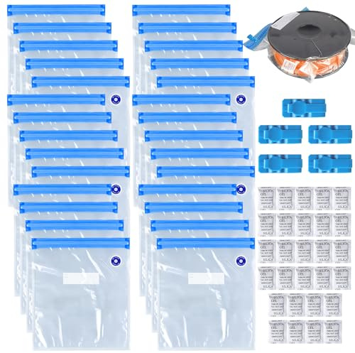 Ferenando 28 Pcs Filament Vacuum Bags Kit, 30x34cm 3D Filament Storage Bags with 28 Desiccants & 5 Seal Clip, Reusable Food Vacuum Sealer Bag for Vac Storage, Meal Prep or Sous Vide