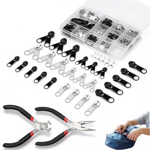 171-teiliges Reißverschluss Reparatur Set mit Metall Schiebern und Zangen, Reissverschluss Zipper Ersatz für Jacken, Taschen, Zelte, Koffer und DIY-Projekte
