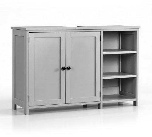 LEADZM Waschbeckenunterschrank, Unterschrank | Badezimmerschrank, Badschrank, offene Fächer, höhenverstellbare Ablagen, weiß, 30 x 90 x 60 cm (Grau)
