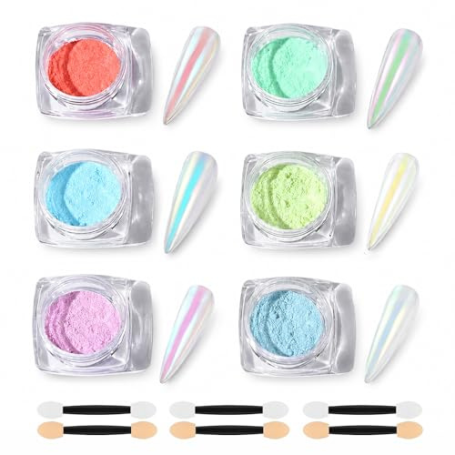 Nurila Chrome Nail Powder Set, 6 Farben Crome Pulver Nägel | Aurora Effekt für Nail Art, Spiegelglanz Pigment für Maniküre Studio und Salon