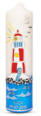 WikaKerzen Taufkerze Leuchtturm 30x7 cm Kommunionkerze Taufkerzen für Junge und Mädchen personalisiert zur Taufe