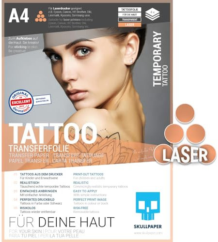 SKULLPAPER® temporäre Tattoo-Transferfolie FÜR DIE HAUT - SEHR GUT getestet - für Laserdrucker (A4-4 Blatt)