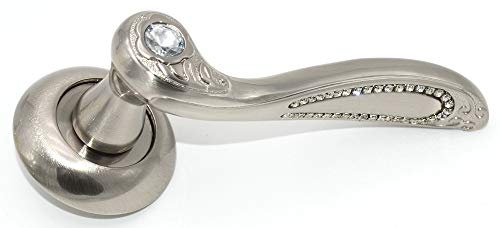Vintage Sparkle Diamante Internal/External Door Handles on Rose Scroll Style Polished Chrome/Brushed Steel/Gold/Antique Bronze Finish (Brushed Steel)