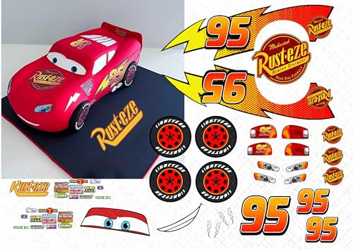 Cars Lightning McQueen Edible Icing Cake Topper Labels/Stickers for Car-Shaped Cake (Large)