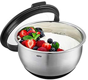 GEFU Edelstahlschüssel MUOVO – robuste Rühr-, Servier- oder Salatschüssel mit Silikonboden, Aufbewahrungsdeckel & praktischer Messanzeige, Ø 12 cm, Fassungsvermögen 600 ml