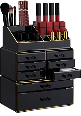 Relaxdays Make Up Organizer 2er Set mit Schubladen, schwarz-gold | stapelbarer Schmuckkasten Make Up, Acryl Schminkaufbewahrung