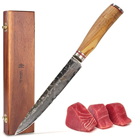 Wakoli Olive HS Serie Damastmesser Fleischmesser 20cm Klinge I aus 67 Lagen I Damast Profi Kochmesser aus echtem Damaststahl, schwarzem Hammerschlag & Olivenholzgriff