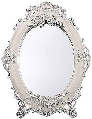 JUXYES Kleiner Tischspiegel, Vintage-Stil, Metall, Schreibtischspiegel mit Ständer, antike geprägte Rosen, Arbeitsplatte, Make-up-Spiegel, oval, kosmetisch, dekorative Spiegel für Tischaufsätze
