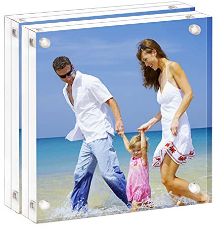 AMEITECH Acryl Bilderrahmen 10x10 cm, Klare doppelseitige Block Acryl Bilderrahmen, Desktop Rahmenlose Magnetische Bilderrahmen - 2er Pack