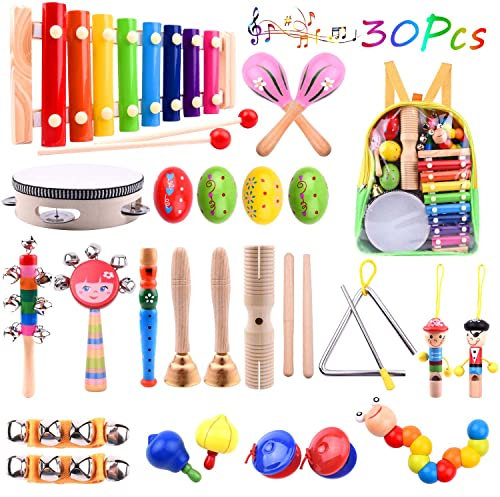 ELECLAND 30 Pcs Musical Instruments Age 3+ for Toddlers Music Wooden Toys Baby Educational Percussion Rhythm Drum Sensory Toys for Babies Kids Gift