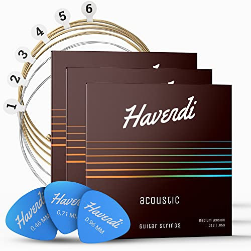 HAVENDI® Cuerdas de guitarra Western para guitarra acústica (6 cuerdas), de acero, con revestimiento de fósforo de bronce (juego de 6 cuerdas), incluye 3 púas