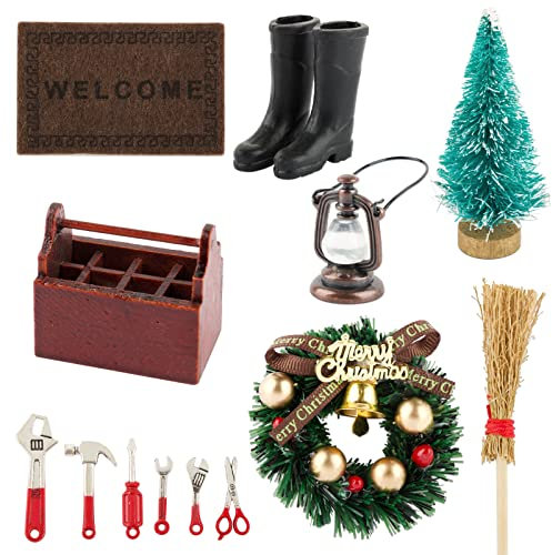 13 Stück Miniatur Wichteltür Zubehör Set Nissedor mit Werkzeugkasten und 6 Pcs Werkzeug Kranz Weihnachtsbaum Laterne Fußmatte Besen Stiefel Mini Ornament für Weihnachten usw.