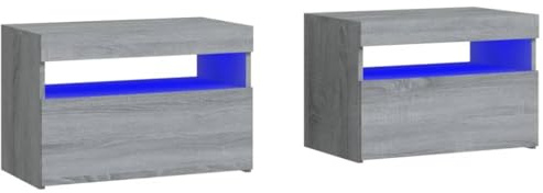 vidaXL 2x Bedside Cabinets with LED Lights Bedroom Furniture Telephone Stand End Side Table Nightstand Bed Cabinet with Storage Grey Sonoma