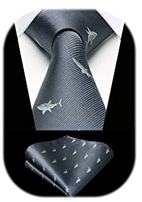 HISDERN Krawatte Navy blau Herren Krawatten Haifisch Muster mit Einstecktuch Krawatte Hochzeit und Taschentuch Set