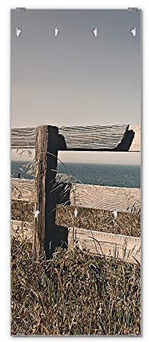 banjado® Wandgarderobe aus Echtglas/Design Garderobe 50 x 125 cm groß/Flurgarderobe mit 7 Haken/Beschreibbares Garderobenpaneel Motiv Zaun am Meer