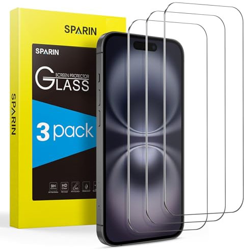 SPARIN Protector de Pantalla para iPhone 16/iPhone 15 Pro/iPhone 15, Cristal Templado de 6,1 Pulgadas Cobertura Completo 9H Dureza, HD Transparente, 3 Pack