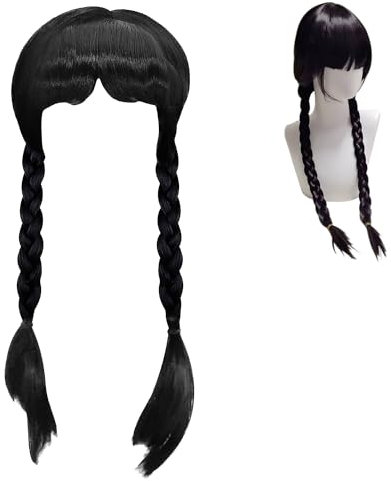 Amebleak Addams Perücke für Kinder Damen, Addams Schwarze Geflochtene Perücken, Gothic Kostüm Lange Zöpfe Perücken mit Bangs, Addams Family Merchandise für Faschingskostüme Karneval Halloween Cosplay