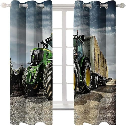 CTQTZ Traktor Verdunklungsvorhänge Mähdrescher & Traktoren Vorhänge 2er Set H 137 x B 117 cm Blickdichte Gardinen Kurze Gardinen Kinderzimmer Schlafzimmer Ösenvorhang